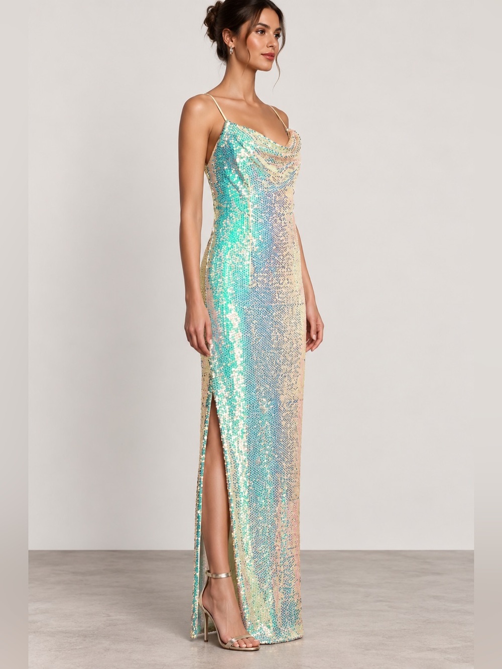 Liv Foster Iridescent Sequin Maxi Dress Gown Size 10 Mermaid Shimmer NWOT